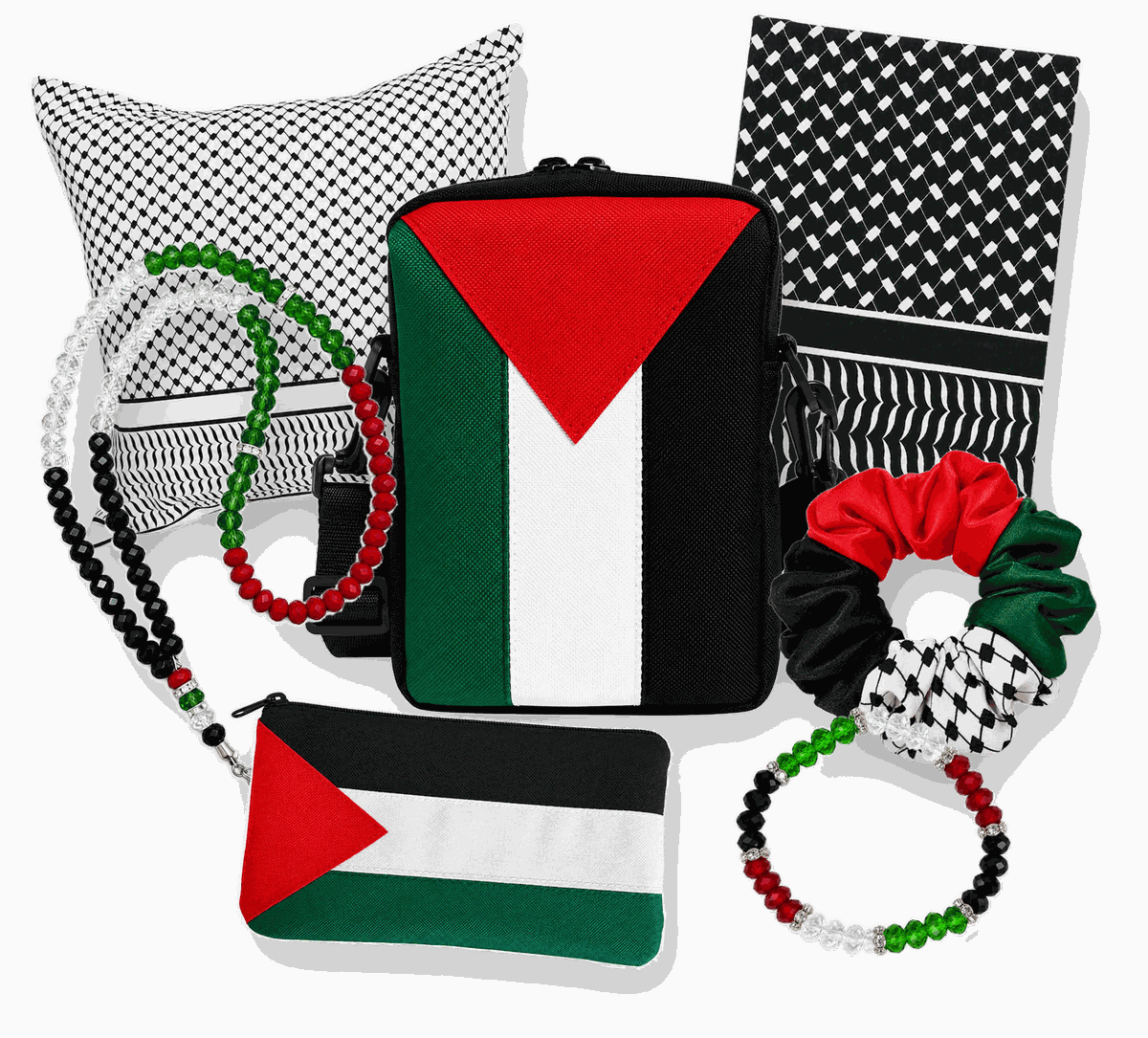 The full collection together: a keffiyeh-print cushion and notebook, a Palestine flag crossbody bag and zip pouch, a 99-bead tasbeeh, a satin scrunchie and a crystal bead bracelet