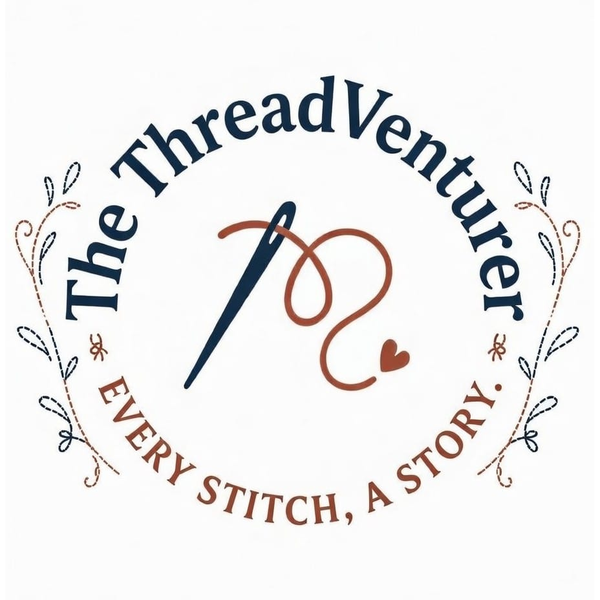 The ThreadVenturer logo: a needle and thread with the words Every stitch, a story