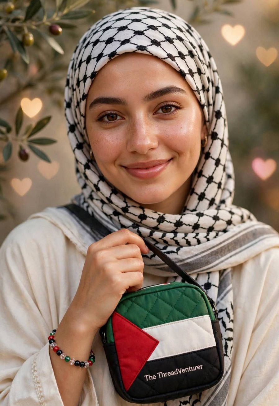 A smiling woman in a keffiyeh-print headscarf holding a Palestine flag crossbody bag marked The ThreadVenturer, with a flag-colour bead bracelet on her wrist